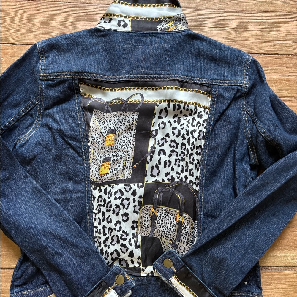 Unique Denim Jacket with Silk Leopard Print Accents.
